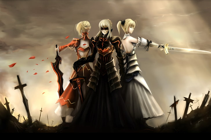 three beige haired female anime characters, anime, anime girls, Fate Series, Saber Alter, Saber Lily, Saber, Fate/Stay Night, Saber Extra, sword, HD wallpaper