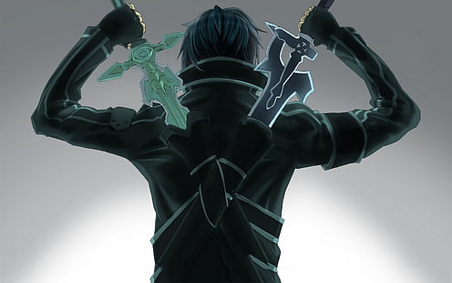 мъж, който държи тапет с два меча, аниме, Sword Art Online, Kirigaya Kazuto, видео игри, HD тапет HD wallpaper
