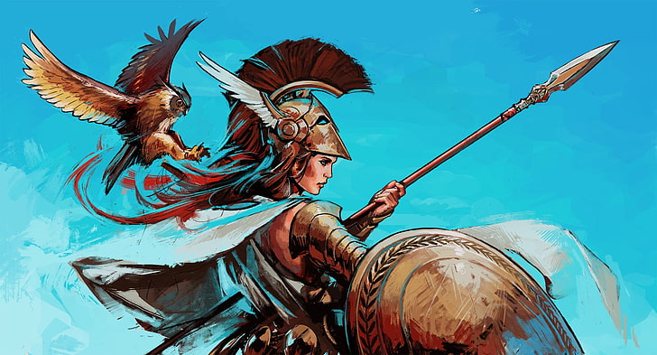 анимированные амазонка держит щит и копье цифровые обои, птица, бог, шлем, копье, щит, богиня, афина, греческая мифология, HD обои