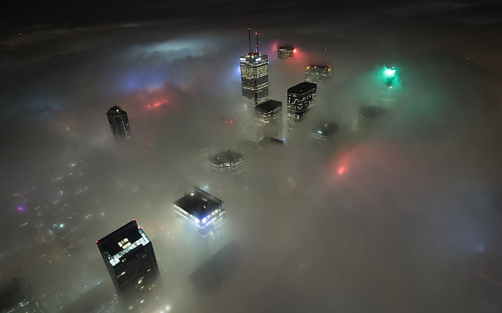 città, luci, skyline, nebbia, notte, veduta aerea, Toronto, luci della città, vista a volo d'uccello, Canada, paesaggio urbano, Sfondo HD