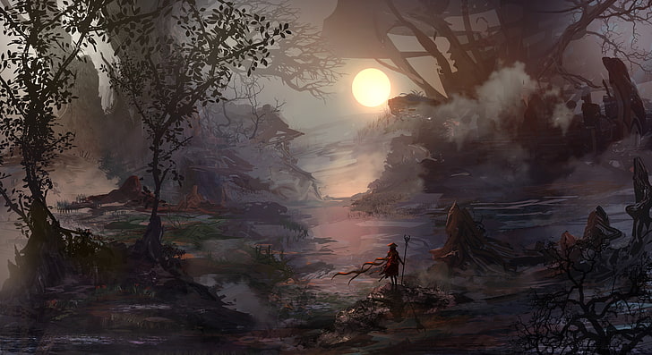 Waldmalerei, Fantasiekunst, Natur, Bäume, Nebel, Krieger, Sonne, Wind, Sumpf, Einsamkeit, Held, HD-Hintergrundbild