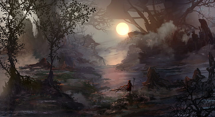 Einsamkeit, Sonne, Wind, Bäume, Fantasiekunst, Krieger, Held, Natur, Nebel, Sumpf, HD-Hintergrundbild
