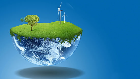 ilustrasi bumi dan kincir angin, seni digital, minimalis, hijau, pohon, Bumi, rumput, latar belakang biru, turbin, bayangan, daun, laut, awan, 3D, turbin angin, Wallpaper HD HD wallpaper