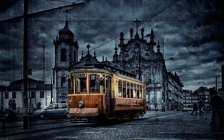 braune und schwarze Straßenbahn, Straßenbahn, Stadt, Farbe, hdr, HD-Hintergrundbild