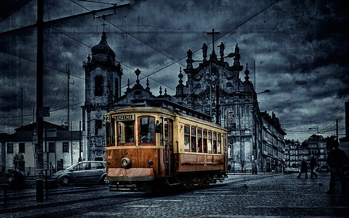 brązowy i czarny tramwaj, tramwaj, miasto, kolor, hdr, Tapety HD HD wallpaper