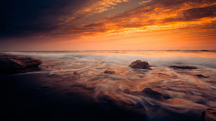Costa Bei paesaggi Tramonto Nuvole rosse Onde dell'oceano Orizzonte Migliori sfondi desktop HD per tablet e telefoni cellulari gratis 3840 × 2160, Sfondo HD