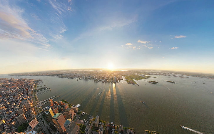 город, городской, вид сверху, нью-йорк, солнечный свет, лодка, река, HD обои