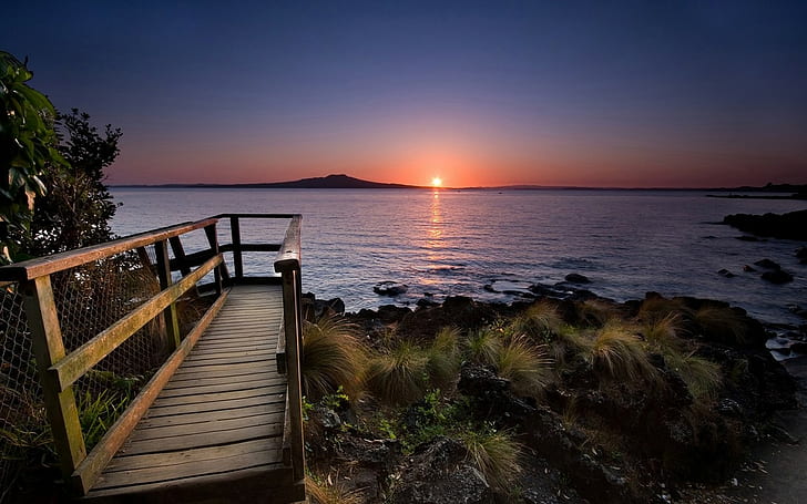 Nya Zeeland, kust, hav, landskap, ö, solnedgång, Nya Zeeland, kust, hav, landskap, ö, solnedgång, HD tapet