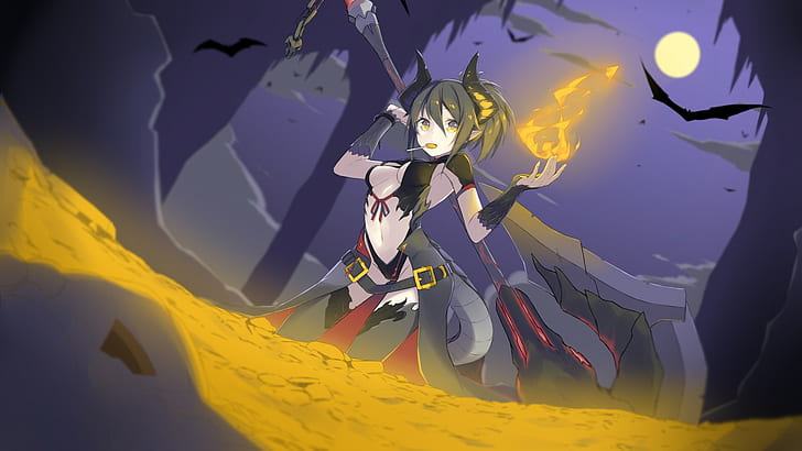 демон девушки, хэллоуин, огонь, рога, лунный свет, HD обои