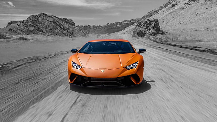 оранжевый спортивный автомобиль, Lamborghini, Lamborghini Huracan Performante, итальянские автомобили, выборочная окраска, Lamborghini Huracan, HD обои