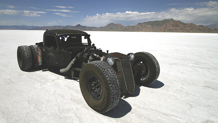 classic black vehicle, lake, hot rod, racing, rat, hotroad, salt, ratroad, HD wallpaper