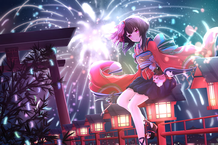 short black haired female anime character wearing kimono digital wallpaper, New Year, Kagura, Onmyoji, HD wallpaper