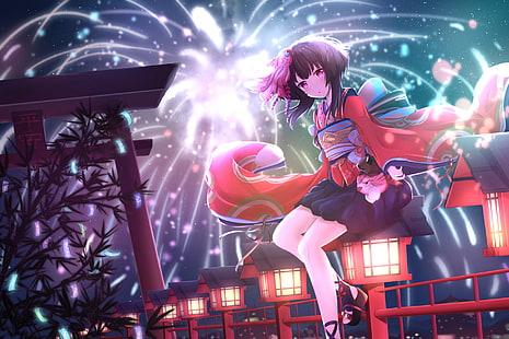 короткие черноволосые девушки аниме носить цифровые обои кимоно, новый год, кагура, онмёдзи, HD обои HD wallpaper