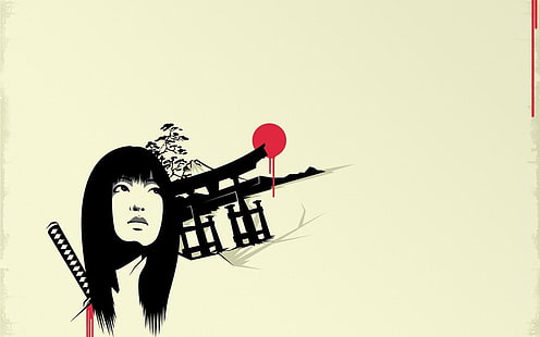 arte digital, minimalismo, simples, fundo simples, mulheres, personagens originais, Kill Bill, filmes, japonês, katana, Gogo Yubari, arquitetura asiática, fundo branco, sol, HD papel de parede HD wallpaper