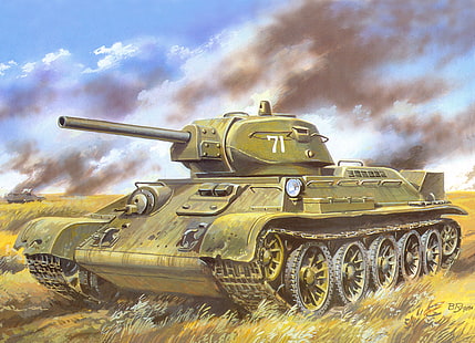 ilustracja zielonego czołgu bojowego, pole, dym, postać, bitwa, sztuka, czołg, radziecki, średni, T-34-76, II wojna światowa, próbka 1941, Tapety HD HD wallpaper