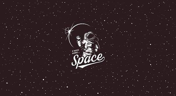 Potrzebuję więcej przestrzeni, ilustracja logo astronauty, zabawna, przestrzeń, skafander kosmiczny, gwiazdki, rysunek, grafika, Tapety HD HD wallpaper