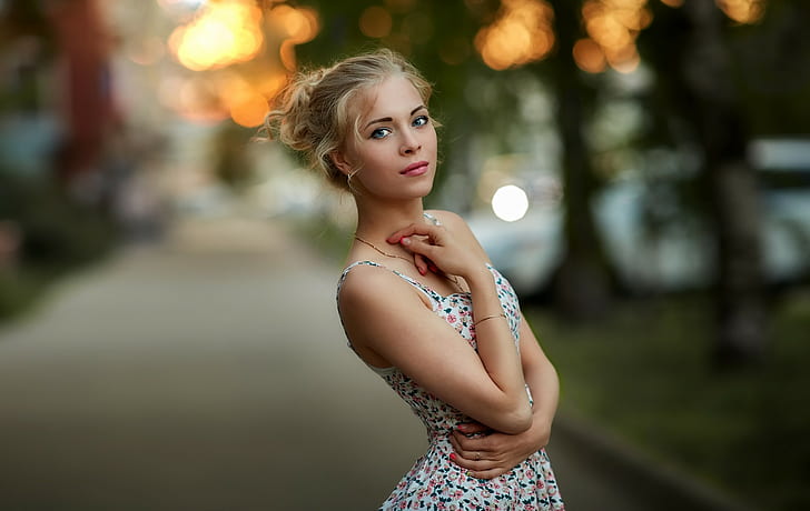 women, blonde, blue eyes, face, portrait, dress, depth of field, Sergey Baryshev, HD wallpaper
