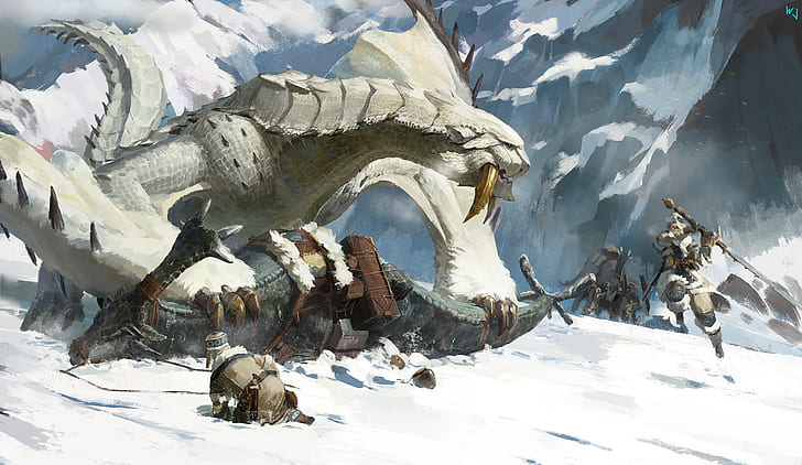 чудовище ловец героична фантазия дракон сняг, HD тапет
