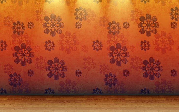 mural de pared floral naranja y rojo, abstracto, textura, madera, con textura, superficie de madera, arte digital, flores, naranja, piso de madera, Fondo de pantalla HD