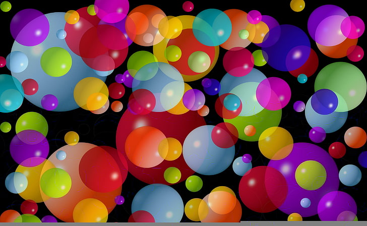 assorted-color balls, circles, balls, small, large, colorful, the dark background, average, HD wallpaper