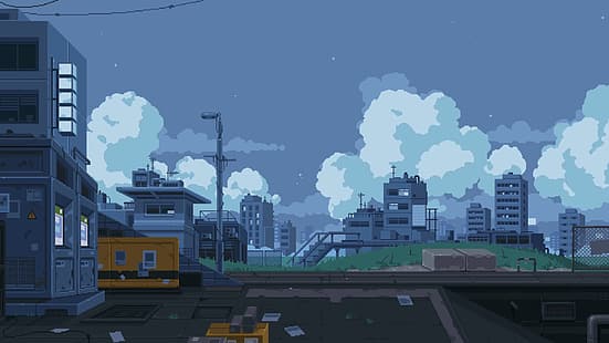 Waneella, Pixelkunst, Himmel, Stadt, Wolken, HD-Hintergrundbild HD wallpaper