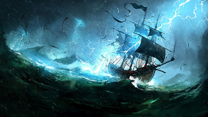 bateau sur la mer pendant un orage fond d'écran animé, art fantastique, mer, navire, tempête, foudre, jeux vidéo, Fond d'écran HD