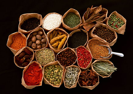 assorted herbs, spices, seasonings, additives, bags, black background, HD wallpaper HD wallpaper