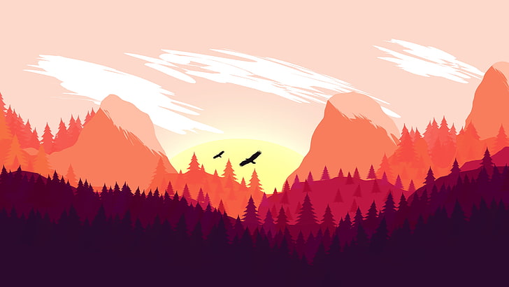 two silhouette of birds flying over the mountains illustration, dom Glider, minimalism, mountain pass, landscape, metalanguage, mountains, HD wallpaper