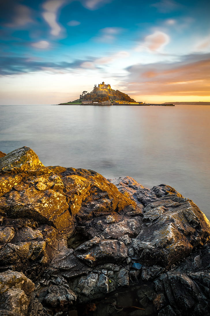 photo of rocks beside sea, marazion, united kingdom, marazion, united kingdom, Saint Michael's mount, Marazion, Cornwall, United Kingdom, photo, rocks, sea, amazing, canon fd, cloud, colors, dark, europe, geotagged, island, landscape, long exposure, mount, photography, saint michael, scenery, seaview, sky, sony a7, stairs, sunset, travel, HD wallpaper