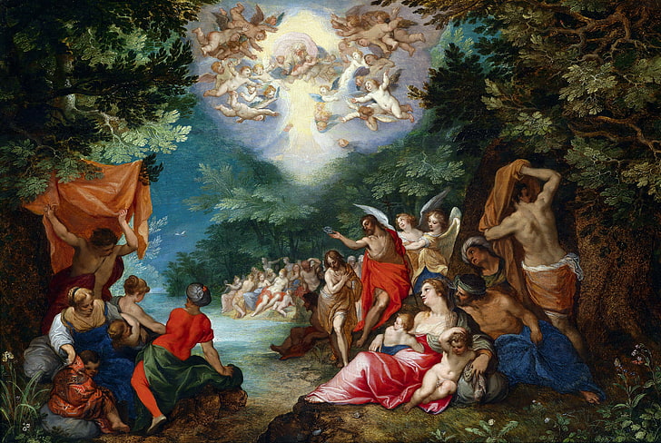 cuadro, religión, mitología, Jan Brueghel el viejo, El bautismo del Señor, Fondo de pantalla HD