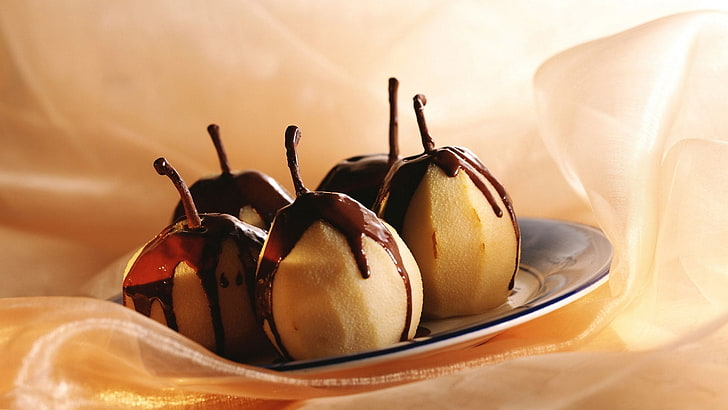 four chocolate drip peach fruits, pears, chocolate, glaze, dessert, HD wallpaper