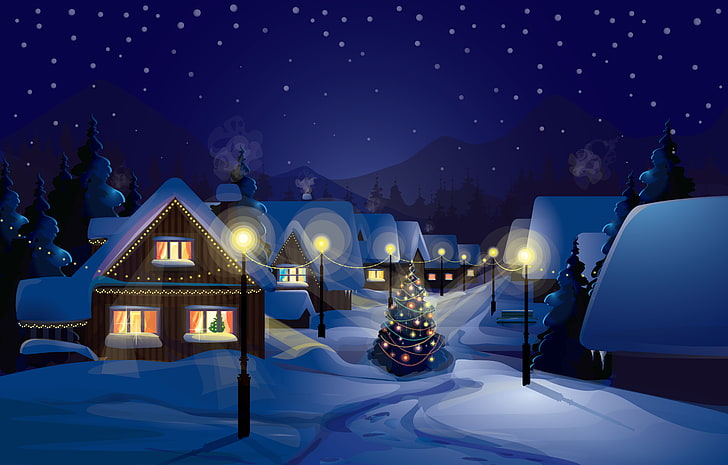 осветен град през нощта с коледно дърво насред пътя картинки, сняг, декорация, град, град, светлини, вектор, графика, дърво, нова година, дом, изкуство, къщи, град, коледно дърво, графика, орнаменти, колона, весела Коледа, леки колони, опора за осветление, HD тапет