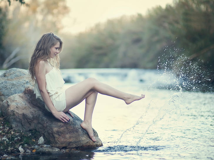 White dress girl, legs, water splash, White, Dress, Girl, Legs, Water, Splash, HD wallpaper