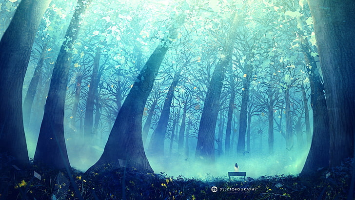 blå lövträd digital tapet, person som sitter på bänken omgiven av skogsträd, träd, landskap, digital konst, Desktopography, skog, ensam, fantasikonst, ljus, dimma, bänk, cyan, HD tapet