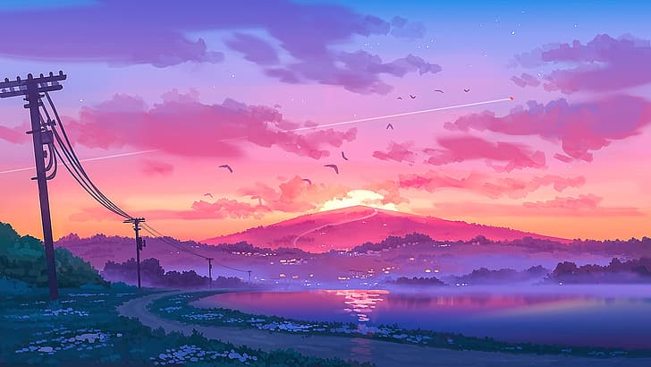 tramonto, pali, filo, silenzio, montagna, nuvole rosa, il fiume, nebbia la sera, la strada in lontananza, uccelli nel cielo, Denis Istomin, Sfondo HD