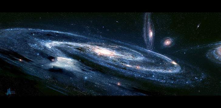 ilustração da galáxia, JoeyJazz, naves espaciais, galáxia, espaço, arte espacial, arte digital, HD papel de parede