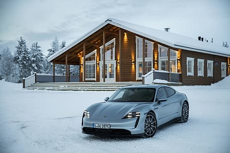 snö, grå, Porsche, 2020, huset, Taycan, Taycan 4S, HD tapet HD wallpaper