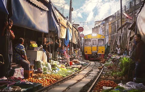 miasto, ludzie, pociąg, Tajlandia, Bangkok, rynek, Tapety HD HD wallpaper