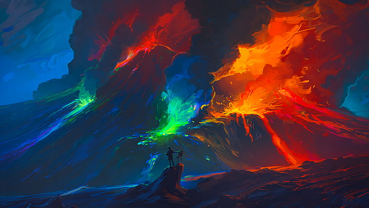 erupting volcano wallpaper, illustration of volcano, digital art, volcano, smoke, lava, painting, RHADS, HD wallpaper