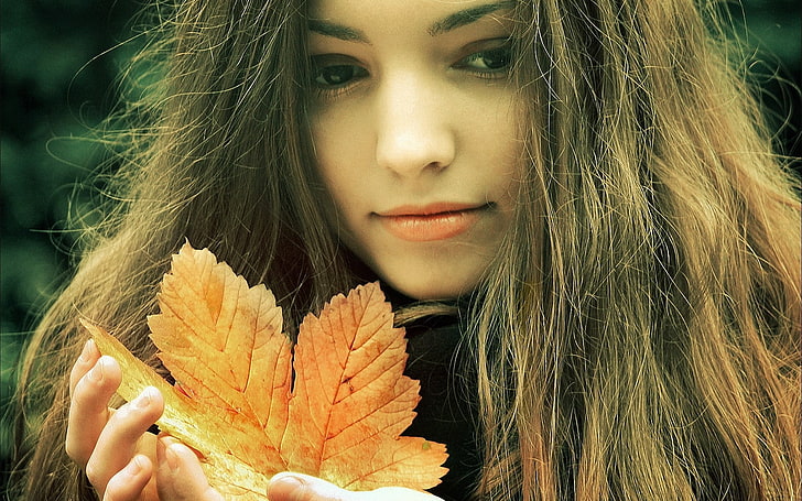 коричневый кленовый лист, женщины, брюнетка, лицо, листья, модель, HD обои