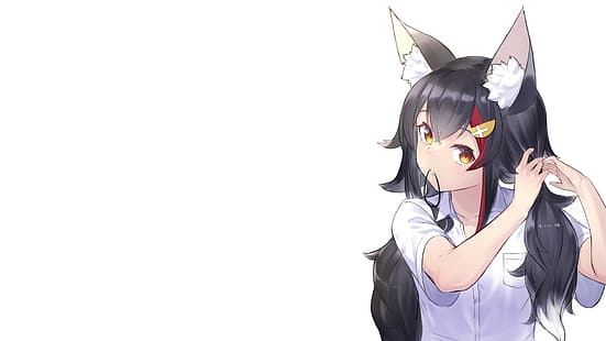  Hololive, Ookami Mio, red eyes, animal ears, black hair, white background, anime, anime girls, HD wallpaper HD wallpaper