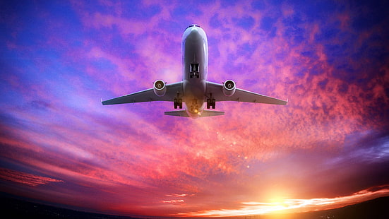 飛行機、夕焼け、空、飛ぶ、空気、 HDデスクトップの壁紙 HD wallpaper