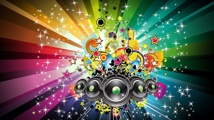 Eksplozja muzyki, eksplozja kolorów, gwiazdy, głośniki, promienie, kolory, muzyka, 3d i abstrakcja, Tapety HD
