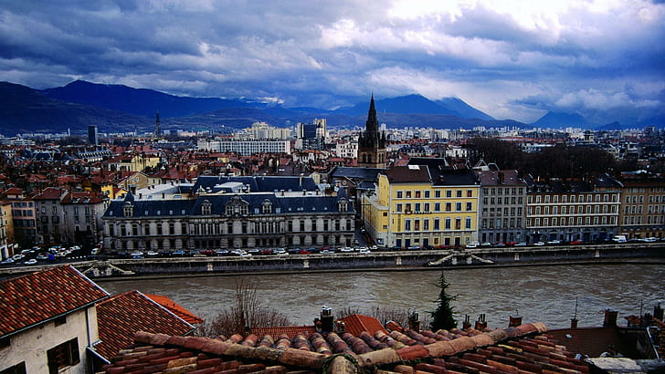 Grenoble On The Rhone Under French Alps, river, city, mountains, clouds, nature and landscapes, HD wallpaper