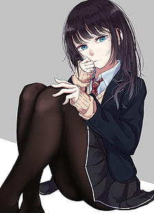 külotlu çorap, anime kızlar, siyah saçlı, siyah külotlu çorap, mavi gözlü, orijinal karakterler, HD masaüstü duvar kağıdı HD wallpaper