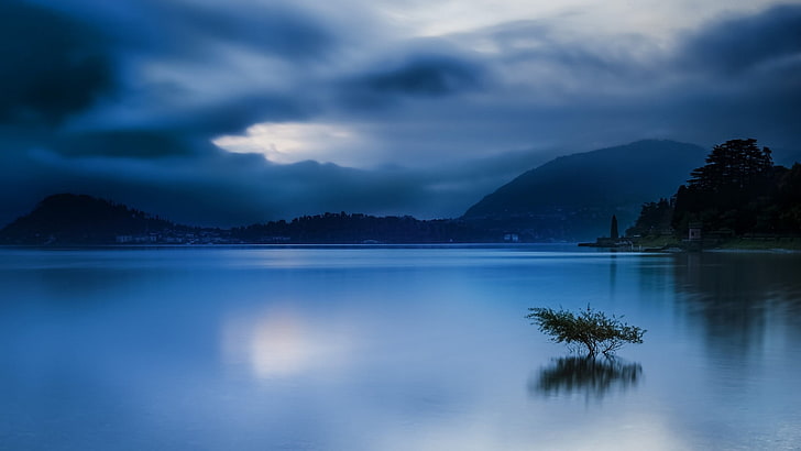 body of water, landscape, nature, blue, water, lake, Italy, mountains, clouds, trees, city, calm, sky, HD wallpaper