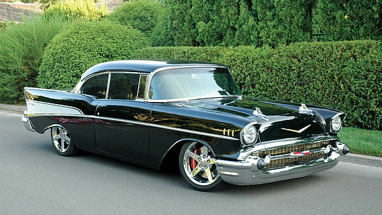 1957 Chevy Bel Air, black, vette wheels, classic, bowtie, cars, HD wallpaper HD wallpaper