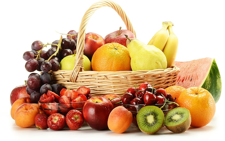 lotto di frutta assortito, frutta, uva, cestino, fragole, ciliegie, bacche, Sfondo HD