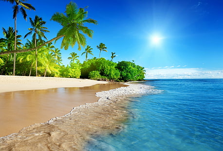 пляж, синий, побережье, изумруд, рай, море, небо, солнце, тропический, HD обои HD wallpaper
