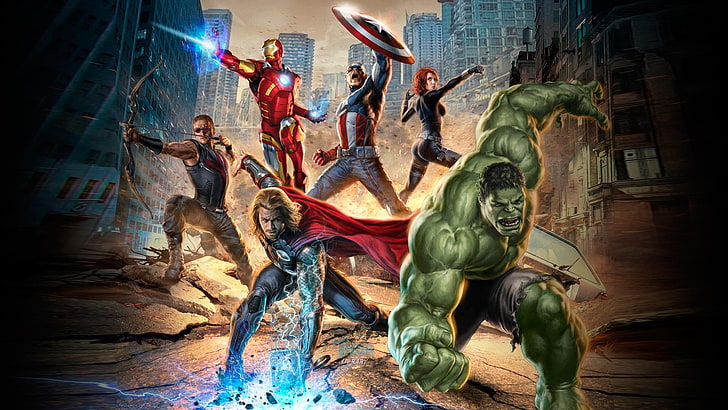figurilla de cerámica verde y marrón, The Avengers, Iron Man, Hulk, Thor, Hawkeye, Captain America, Black Widow, Fondo de pantalla HD